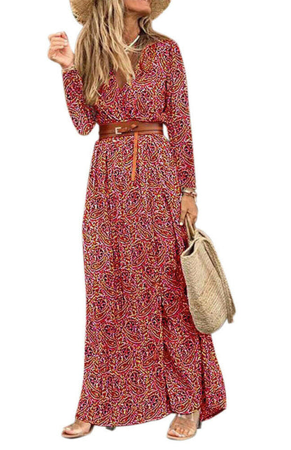 Maxi Dresses- Autumn Floral Wrap Maxi Dress with Belt & Long Sleeve & V-Neck- - Pekosa Women Clothing