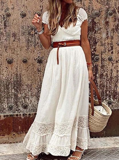 Maxi Dresses- Beach Party Perfection: Cotton Lace Eyelet V-neck Maxi Dress- - Pekosa Women Clothing