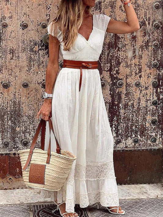 Maxi Dresses- Beach Party Perfection: Cotton Lace Eyelet V-neck Maxi Dress- White- Pekosa Women Clothing