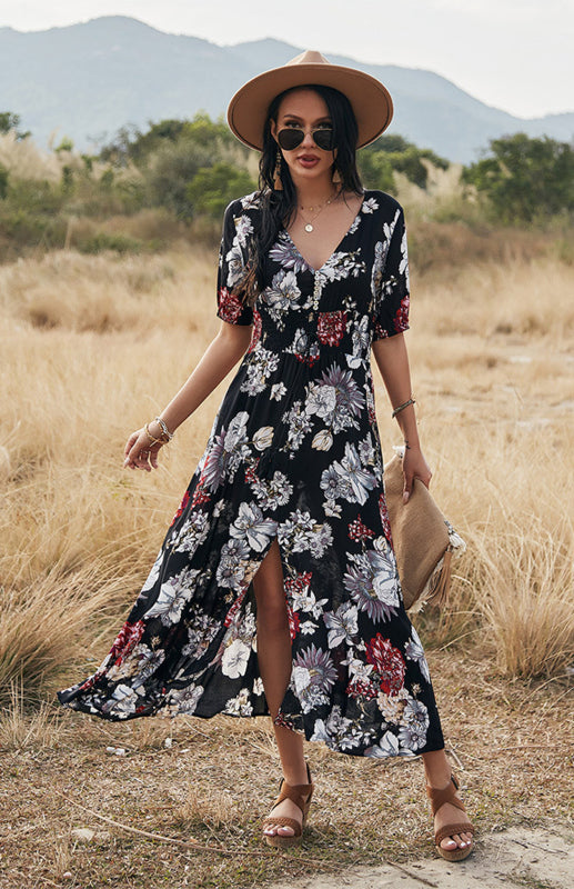 Maxi Dresses- Boho Floral Maxi Dress with V Neck, Smocked Waist, Leg Slit- - Pekosa Women Clothing