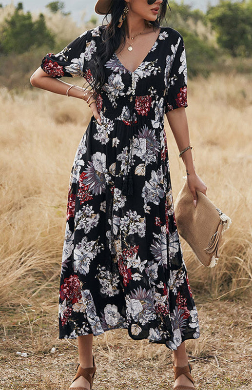 Maxi Dresses- Boho Floral Maxi Dress with V Neck, Smocked Waist, Leg Slit- - Pekosa Women Clothing