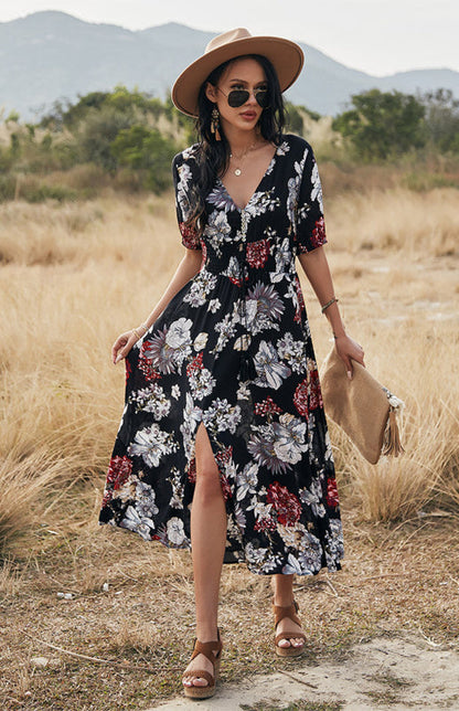 Maxi Dresses- Boho Floral Maxi Dress with V Neck, Smocked Waist, Leg Slit- - Pekosa Women Clothing