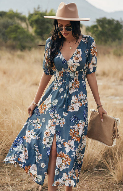 Maxi Dresses- Boho Floral Maxi Dress with V Neck, Smocked Waist, Leg Slit- - Pekosa Women Clothing