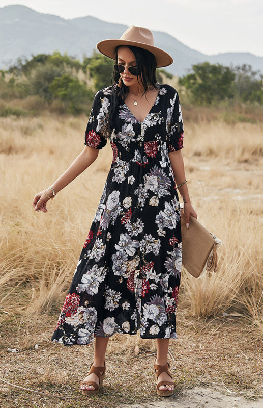 Maxi Dresses- Boho Floral Maxi Dress with V Neck, Smocked Waist, Leg Slit- - Pekosa Women Clothing