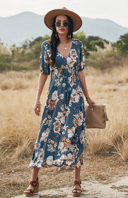 Maxi Dresses- Boho Floral Maxi Dress with V Neck, Smocked Waist, Leg Slit- - Pekosa Women Clothing