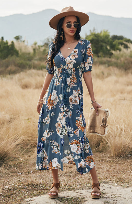 Maxi Dresses- Boho Floral Maxi Dress with V Neck, Smocked Waist, Leg Slit- - Pekosa Women Clothing