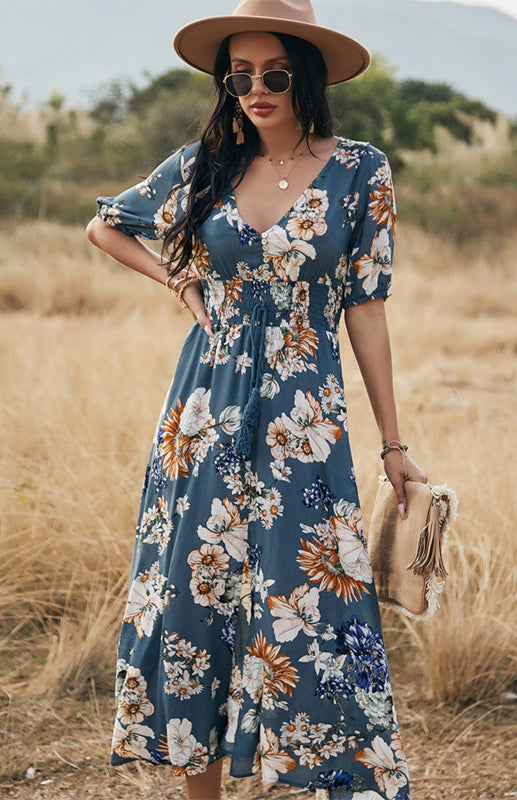 Maxi Dresses- Boho Floral Maxi Dress with V Neck, Smocked Waist, Leg Slit- - Pekosa Women Clothing