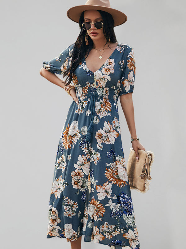 Maxi Dresses- Boho Floral Maxi Dress with V Neck, Smocked Waist, Leg Slit- Navy Blue- Pekosa Women Clothing