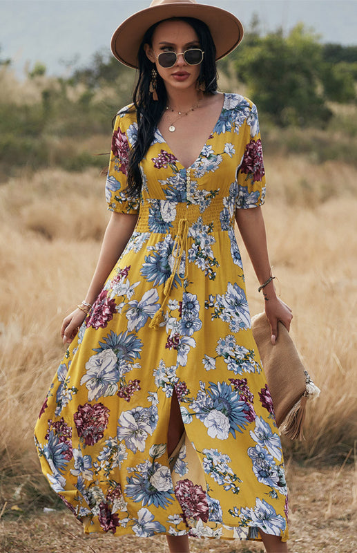 Maxi Dresses- Boho Floral Maxi Dress with V Neck, Smocked Waist, Leg Slit- - Pekosa Women Clothing