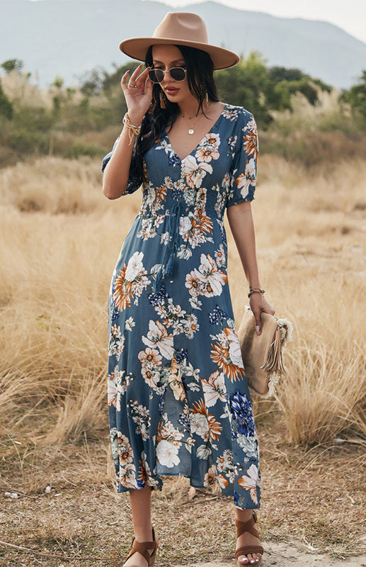 Maxi Dresses- Boho Floral Maxi Dress with V Neck, Smocked Waist, Leg Slit- - Pekosa Women Clothing