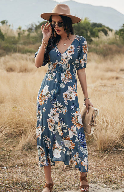 Maxi Dresses- Boho Floral Maxi Dress with V Neck, Smocked Waist, Leg Slit- - Pekosa Women Clothing