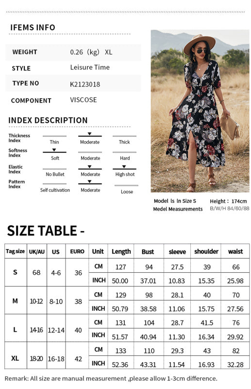 Maxi Dresses- Boho Floral Maxi Dress with V Neck, Smocked Waist, Leg Slit- - Pekosa Women Clothing