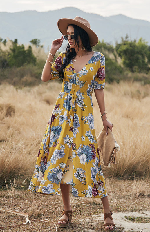 Maxi Dresses- Boho Floral Maxi Dress with V Neck, Smocked Waist, Leg Slit- - Pekosa Women Clothing