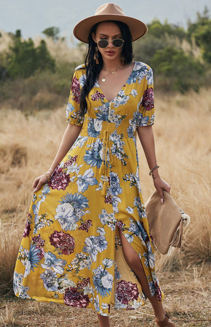 Maxi Dresses- Boho Floral Maxi Dress with V Neck, Smocked Waist, Leg Slit- - Pekosa Women Clothing