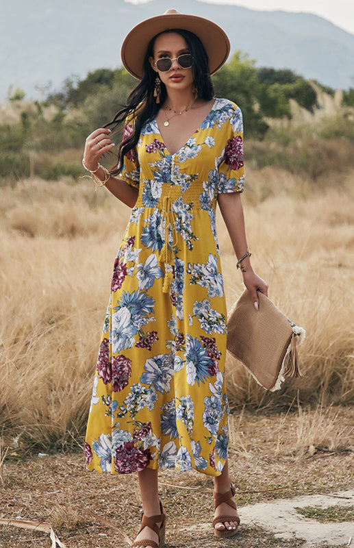 Maxi Dresses- Boho Floral Maxi Dress with V Neck, Smocked Waist, Leg Slit- - Pekosa Women Clothing