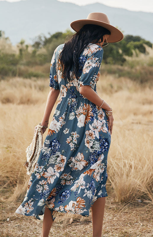 Maxi Dresses- Boho Floral Maxi Dress with V Neck, Smocked Waist, Leg Slit- - Pekosa Women Clothing