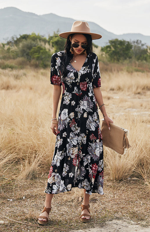 Maxi Dresses- Boho Floral Maxi Dress with V Neck, Smocked Waist, Leg Slit- - Pekosa Women Clothing