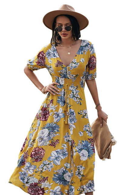 Maxi Dresses- Boho Floral Maxi Dress with V Neck, Smocked Waist, Leg Slit- Yellow- Pekosa Women Clothing