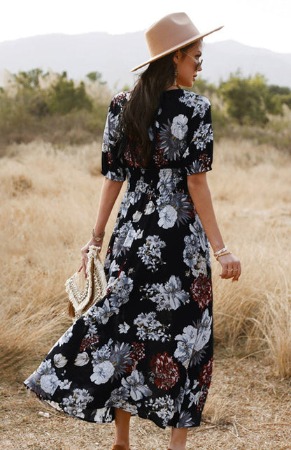 Maxi Dresses- Boho Floral Maxi Dress with V Neck, Smocked Waist, Leg Slit- Black- Pekosa Women Clothing