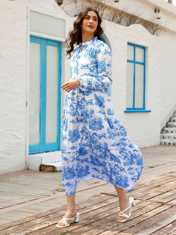 Maxi Dresses- Boho Floral Vacation Tiered Lantern Sleeve V-Neck Maxi Dress- Blue- Pekosa Women Clothing