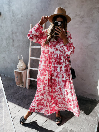 Maxi Dresses- Boho Floral Vacation Tiered Lantern Sleeve V-Neck Maxi Dress- Rose- Pekosa Women Clothing