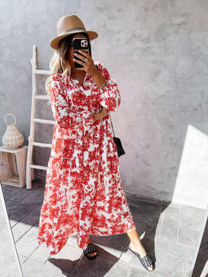 Maxi Dresses- Boho Floral Vacation Tiered Lantern Sleeve V-Neck Maxi Dress- - Pekosa Women Clothing