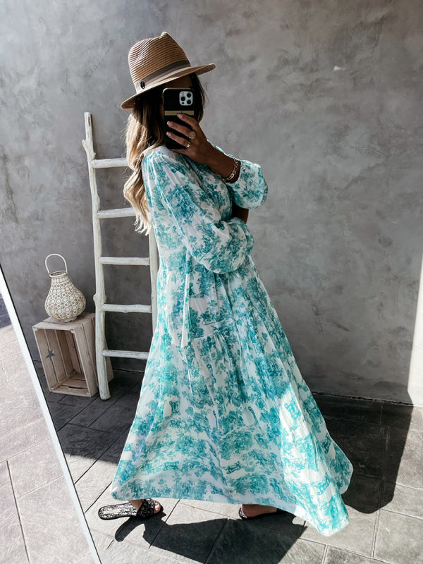 Maxi Dresses- Boho Floral Vacation Tiered Lantern Sleeve V-Neck Maxi Dress- - Pekosa Women Clothing