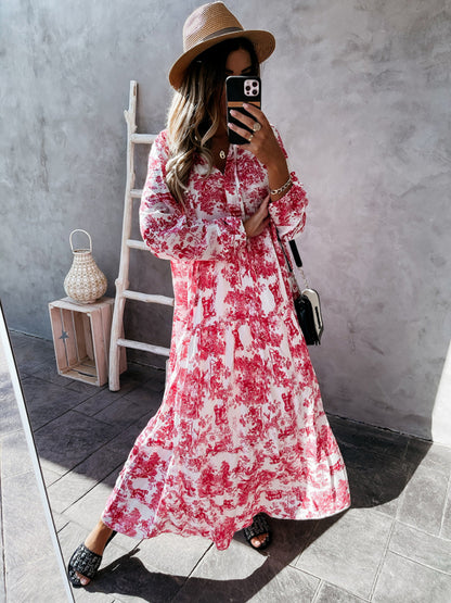 Maxi Dresses- Boho Floral Vacation Tiered Lantern Sleeve V-Neck Maxi Dress- - Pekosa Women Clothing