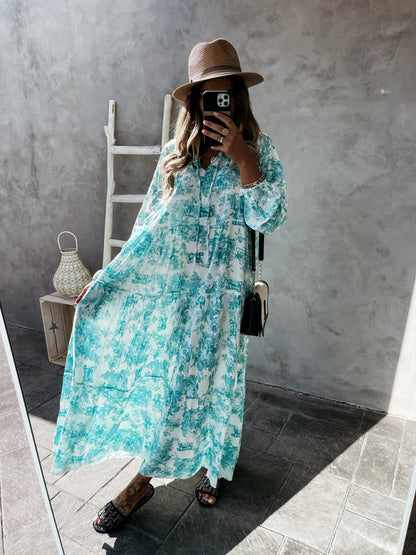 Maxi Dresses- Boho Floral Vacation Tiered Lantern Sleeve V-Neck Maxi Dress- - Pekosa Women Clothing