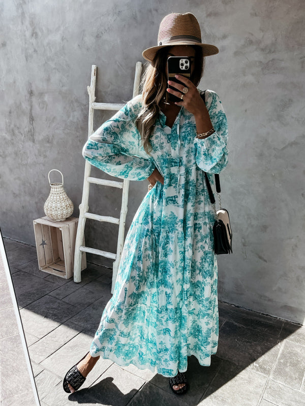 Maxi Dresses- Boho Floral Vacation Tiered Lantern Sleeve V-Neck Maxi Dress- Green- Pekosa Women Clothing