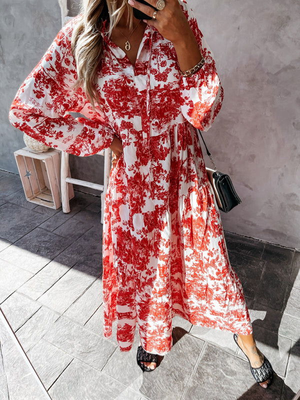 Maxi Dresses- Boho Floral Vacation Tiered Lantern Sleeve V-Neck Maxi Dress- - Pekosa Women Clothing