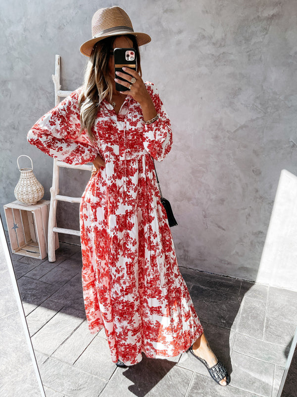 Maxi Dresses- Boho Floral Vacation Tiered Lantern Sleeve V-Neck Maxi Dress- Red- Pekosa Women Clothing