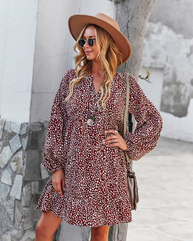 Maxi Dresses- Boho Leopard Print Loose Dress with Long Sleeve for All Occasions- Wine Red- Pekosa Women Clothing