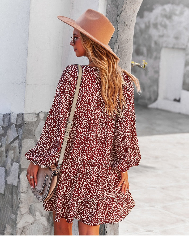 Maxi Dresses- Boho Leopard Print Loose Dress with Long Sleeve for All Occasions- - Pekosa Women Clothing