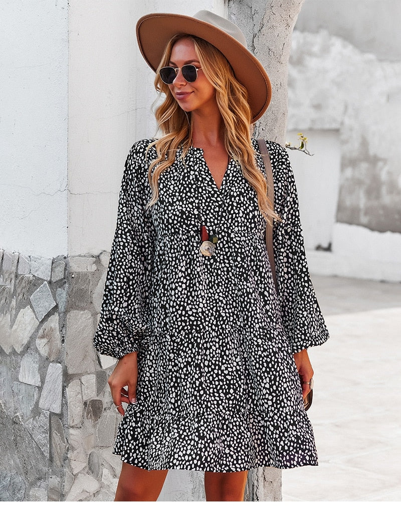 Maxi Dresses- Boho Leopard Print Loose Dress with Long Sleeve for All Occasions- - Pekosa Women Clothing