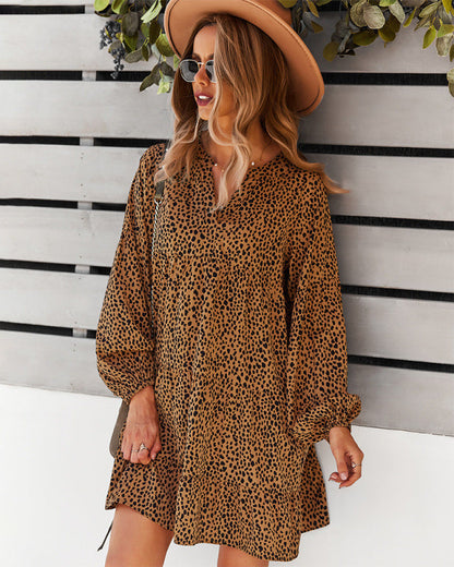 Maxi Dresses- Boho Leopard Print Loose Dress with Long Sleeve for All Occasions- Brown- Pekosa Women Clothing