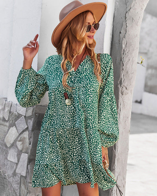 Maxi Dresses- Boho Leopard Print Loose Dress with Long Sleeve for All Occasions- Green- Pekosa Women Clothing