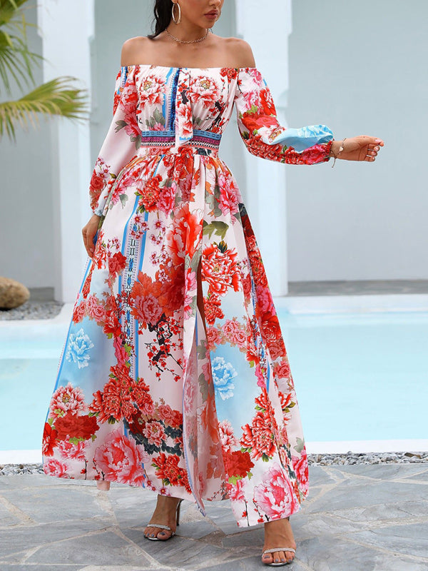 Maxi Dresses- Boho Scarf Print Off-Shoulder Maxi Dress: Lantern Sleeves, Side Slit- Suit 4- Pekosa Women Clothing