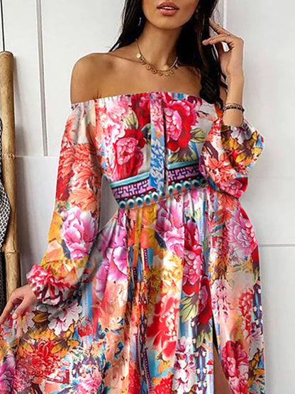 Maxi Dresses- Boho Scarf Print Off-Shoulder Maxi Dress: Lantern Sleeves, Side Slit- - Pekosa Women Clothing