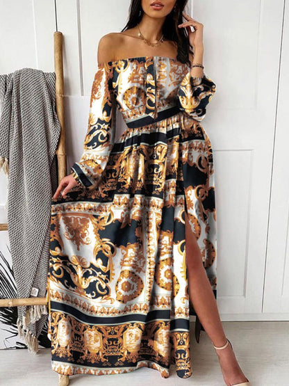 Maxi Dresses- Boho Scarf Print Off-Shoulder Maxi Dress: Lantern Sleeves, Side Slit- Pattern2- Pekosa Women Clothing