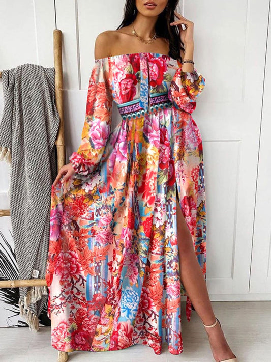 Maxi Dresses- Boho Scarf Print Off-Shoulder Maxi Dress: Lantern Sleeves, Side Slit- Pattern1- Pekosa Women Clothing