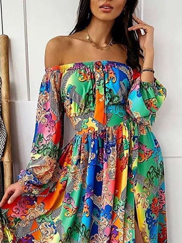 Maxi Dresses- Boho Scarf Print Off-Shoulder Maxi Dress: Lantern Sleeves, Side Slit- - Pekosa Women Clothing