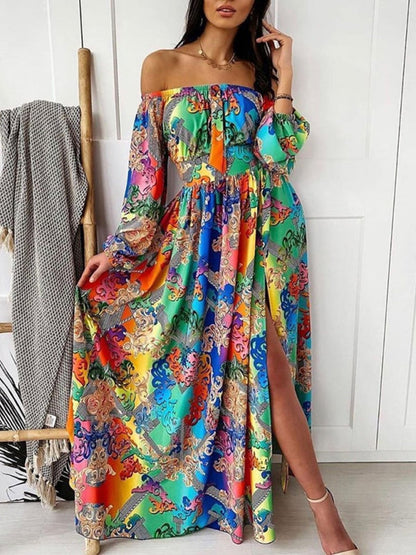 Maxi Dresses- Boho Scarf Print Off-Shoulder Maxi Dress: Lantern Sleeves, Side Slit- Pattern3- Pekosa Women Clothing