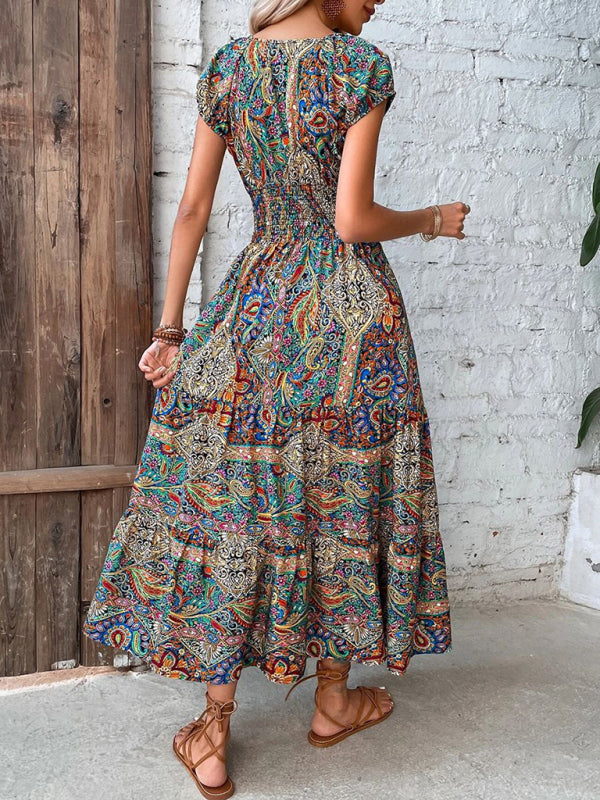 Maxi Dresses- Boho Women's Floral Maxi Dress with Smocked Waist- - Pekosa Women Clothing