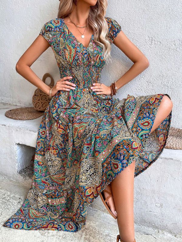 Maxi Dresses- Boho Women's Floral Maxi Dress with Smocked Waist- - Pekosa Women Clothing