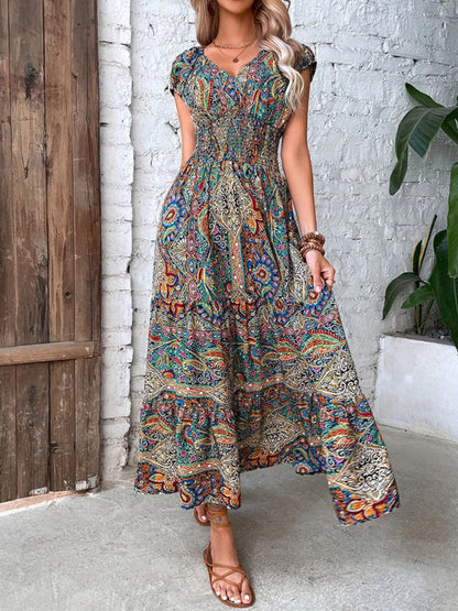 Maxi Dresses- Boho Women's Floral Maxi Dress with Smocked Waist- Green- Pekosa Women Clothing