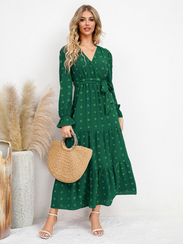 Maxi Dresses- Casual Swiss Dot Tie-Waist Maxi Midi Dress with Long Sleeves- Green- Pekosa Women Clothing