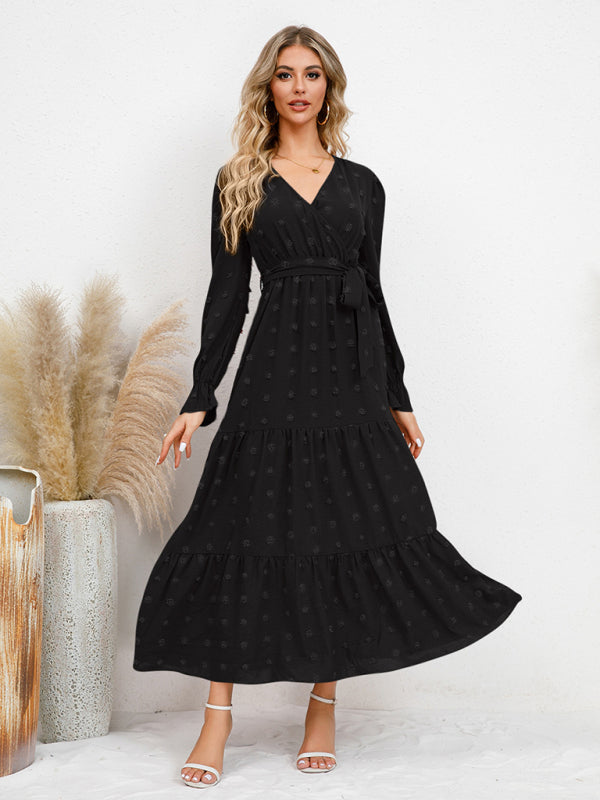 Maxi Dresses- Casual Swiss Dot Tie-Waist Maxi Midi Dress with Long Sleeves- Black- Pekosa Women Clothing