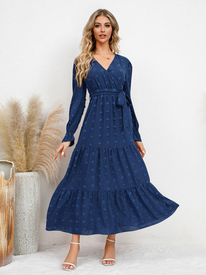 Maxi Dresses- Casual Swiss Dot Tie-Waist Maxi Midi Dress with Long Sleeves- - Pekosa Women Clothing