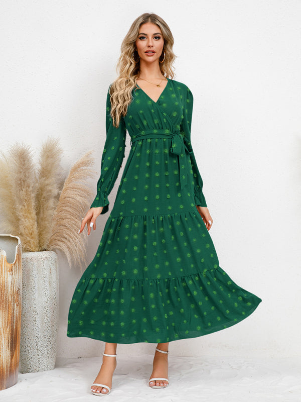 Maxi Dresses- Casual Swiss Dot Tie-Waist Maxi Midi Dress with Long Sleeves- - Pekosa Women Clothing